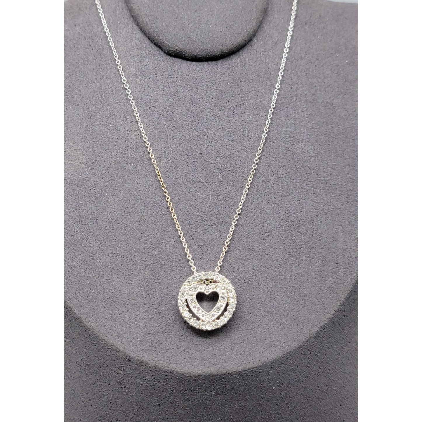 Avon NR Eternal Heart Pendant Necklace Clear Rhinestones Silver Tone Vintage 16"