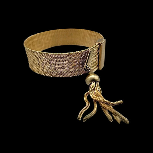 Art Deco Byzantine Greek Key Tassel Gold Tone Mesh Slide Bracelet
