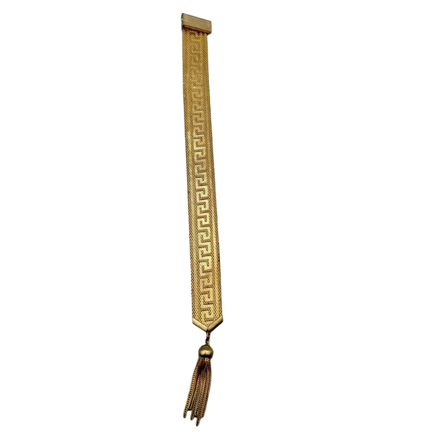 Art Deco Byzantine Greek Key Tassel Gold Tone Mesh Slide Bracelet