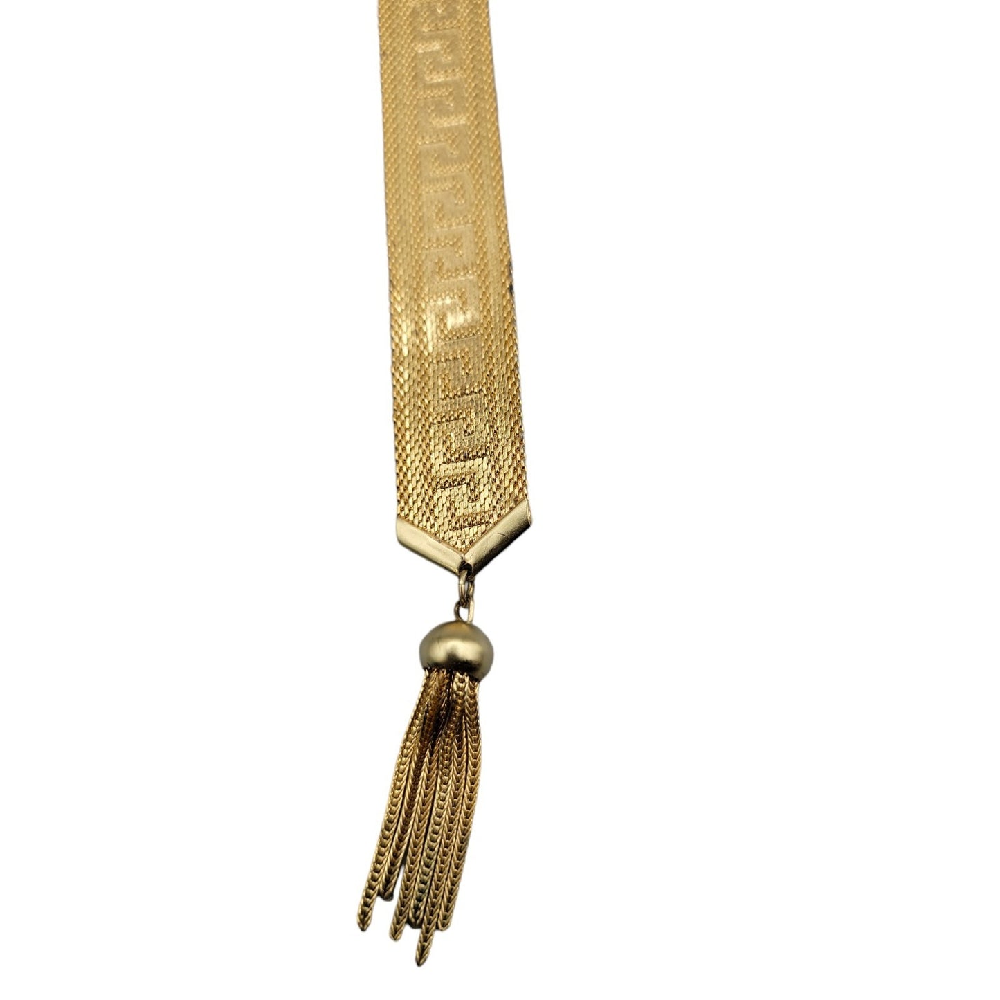 Art Deco Byzantine Greek Key Tassel Gold Tone Mesh Slide Bracelet