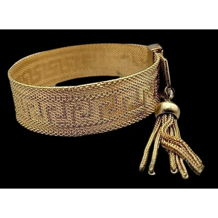 Art Deco Byzantine Greek Key Tassel Gold Tone Mesh Slide Bracelet