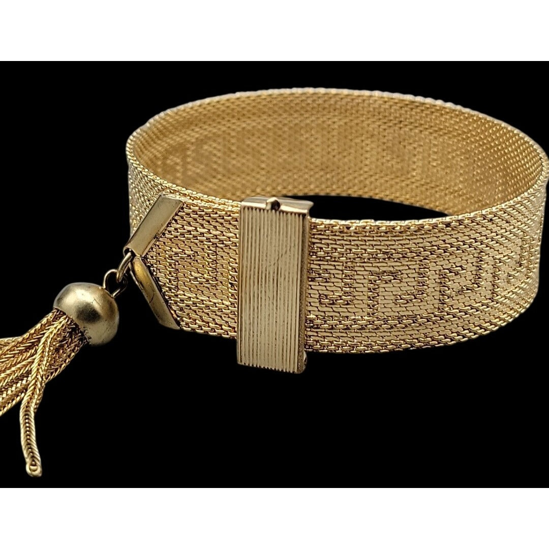 Art Deco Byzantine Greek Key Tassel Gold Tone Mesh Slide Bracelet