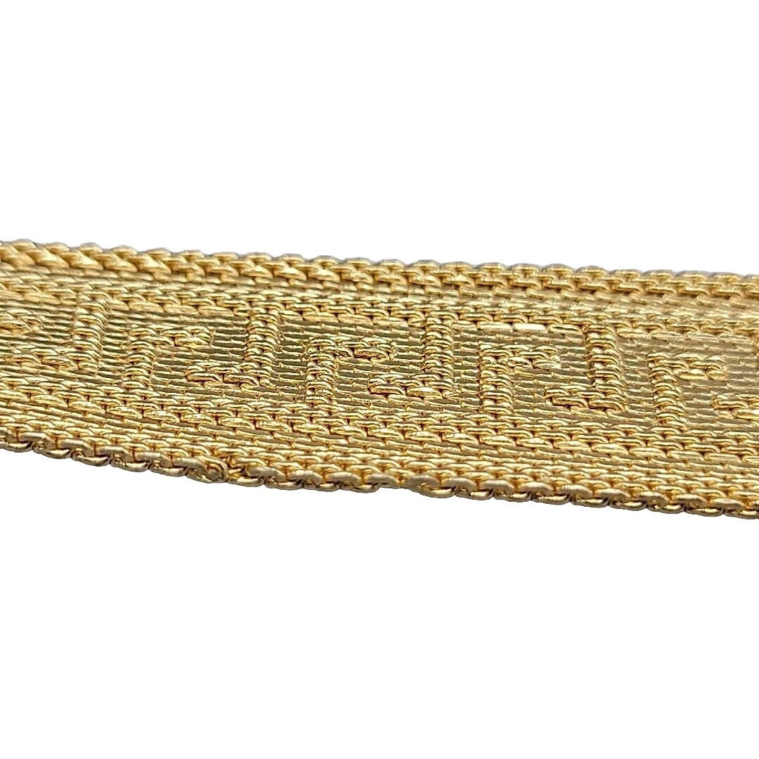 Art Deco Byzantine Greek Key Tassel Gold Tone Mesh Slide Bracelet
