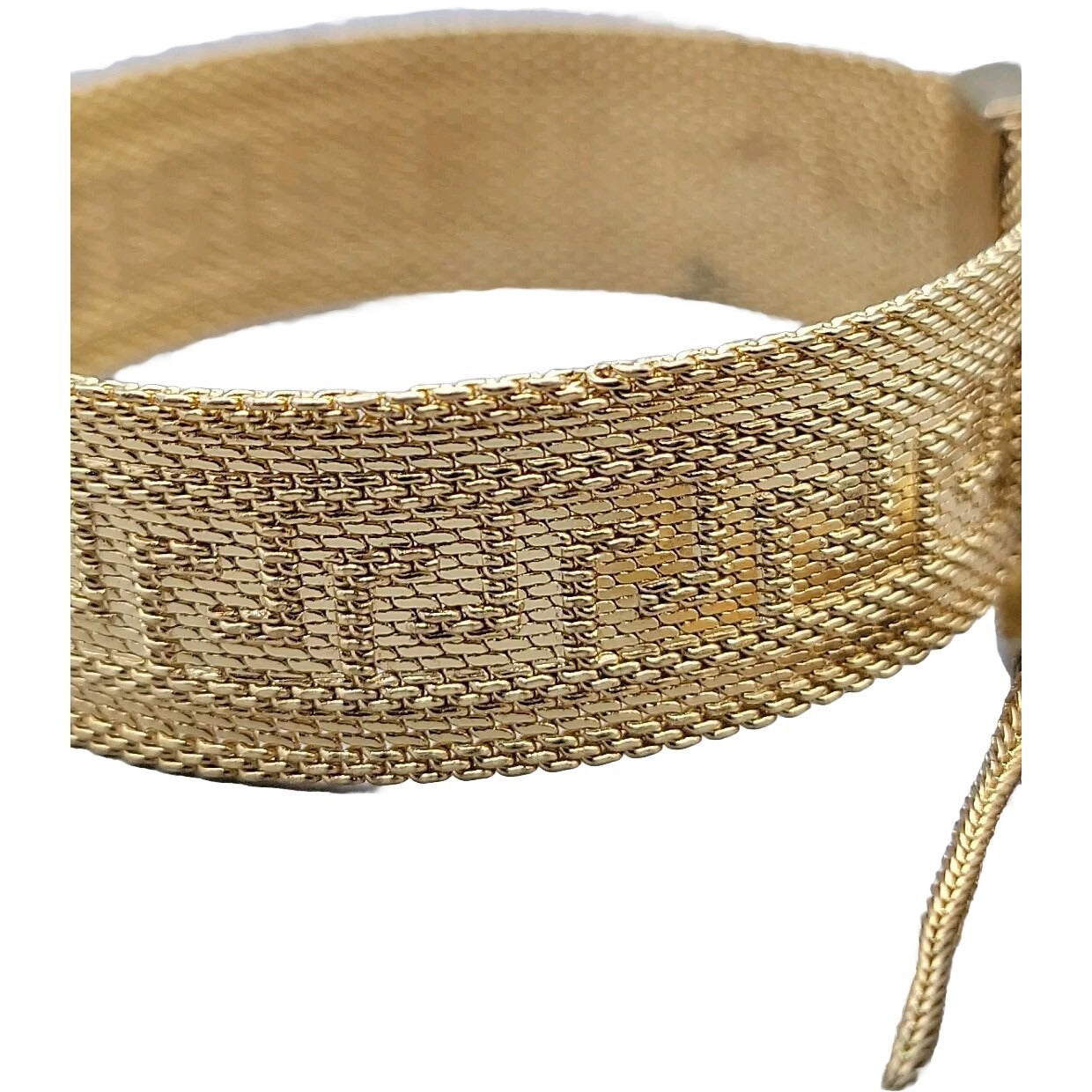 Art Deco Byzantine Greek Key Tassel Gold Tone Mesh Slide Bracelet