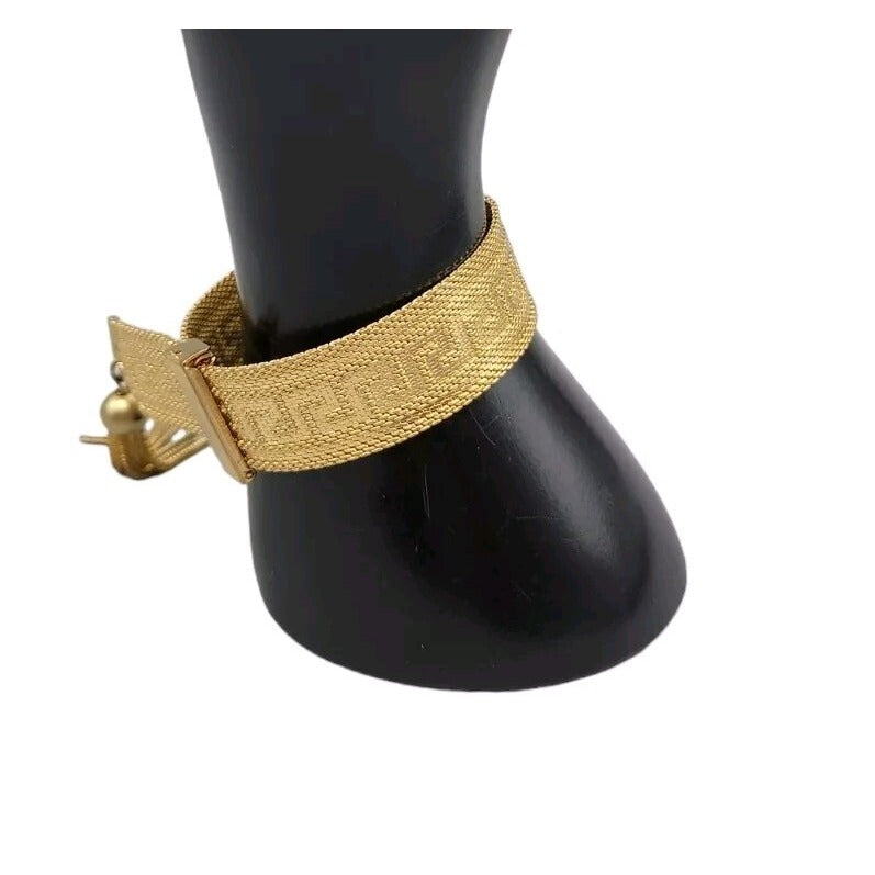 Art Deco Byzantine Greek Key Tassel Gold Tone Mesh Slide Bracelet