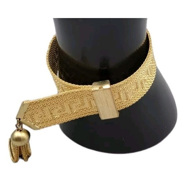 Art Deco Byzantine Greek Key Tassel Gold Tone Mesh Slide Bracelet