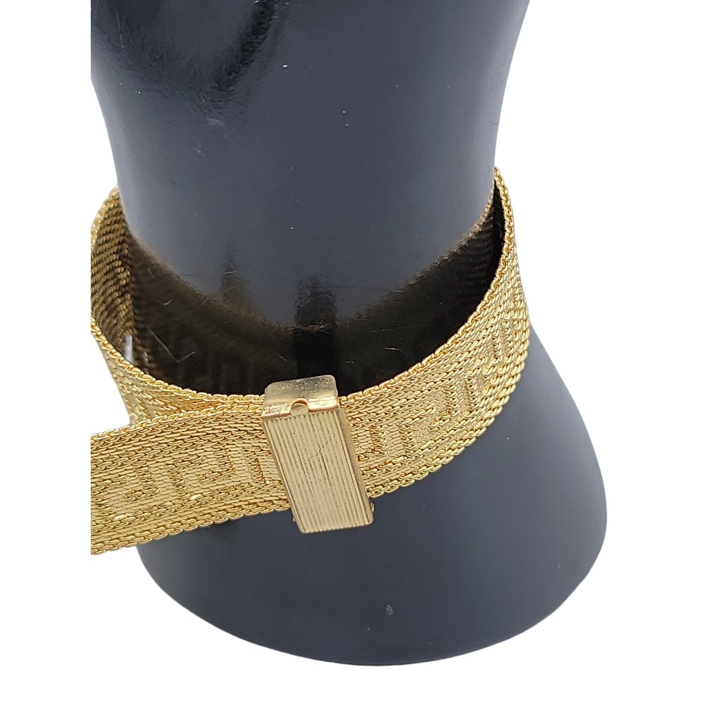 Art Deco Byzantine Greek Key Tassel Gold Tone Mesh Slide Bracelet