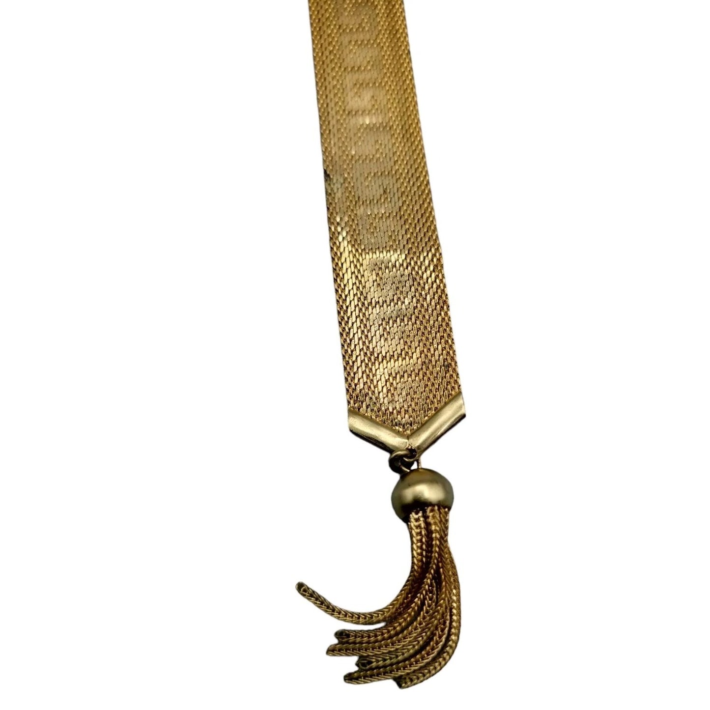Art Deco Byzantine Greek Key Tassel Gold Tone Mesh Slide Bracelet