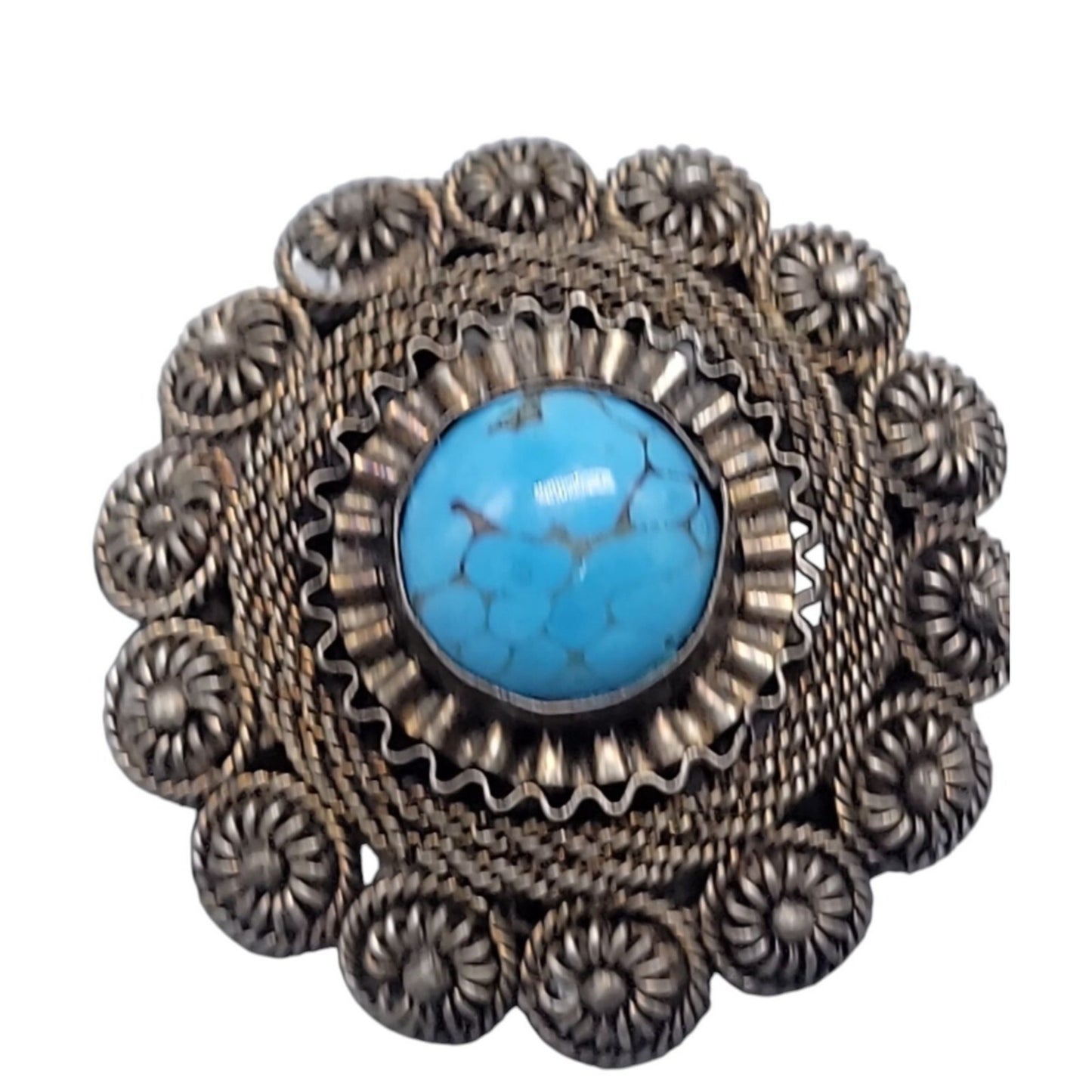 Faux Turquoise Silver Plated Brooch Pendant Blue Glass Filigree Setting Vintage