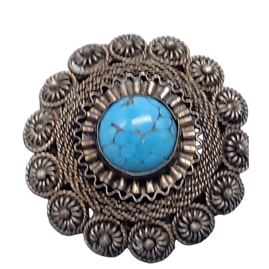Faux Turquoise Silver Plated Brooch Pendant Blue Glass Filigree Setting Vintage