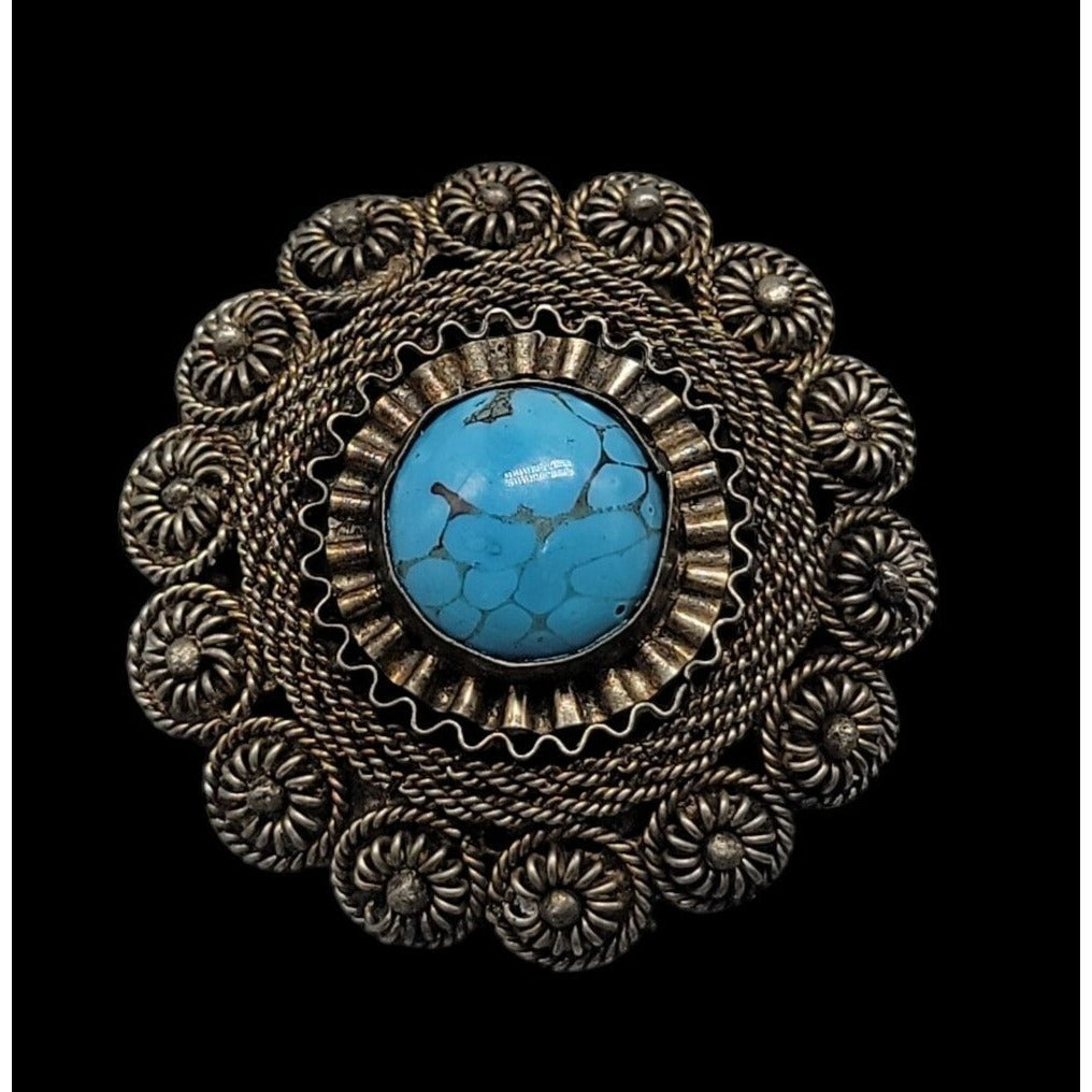 Faux Turquoise Silver Plated Brooch Pendant Blue Glass Filigree Setting Vintage