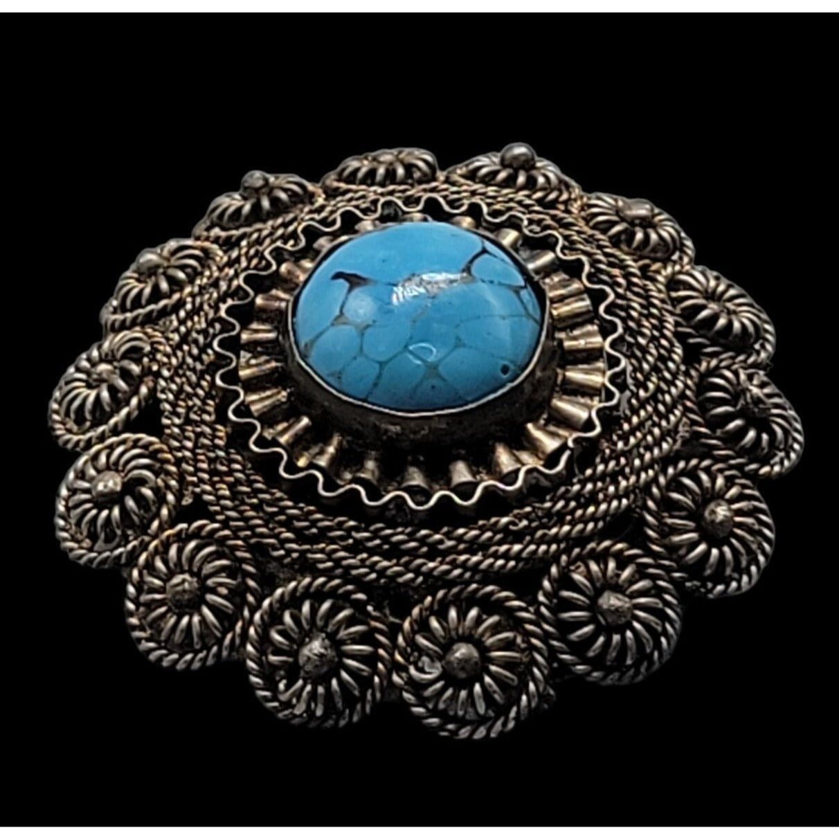 Faux Turquoise Silver Plated Brooch Pendant Blue Glass Filigree Setting Vintage