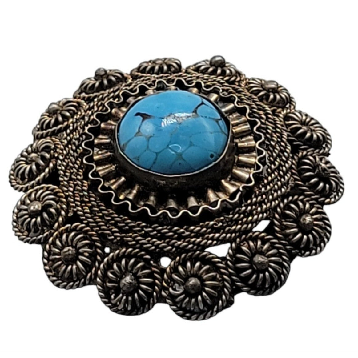 Faux Turquoise Silver Plated Brooch Pendant Blue Glass Filigree Setting Vintage