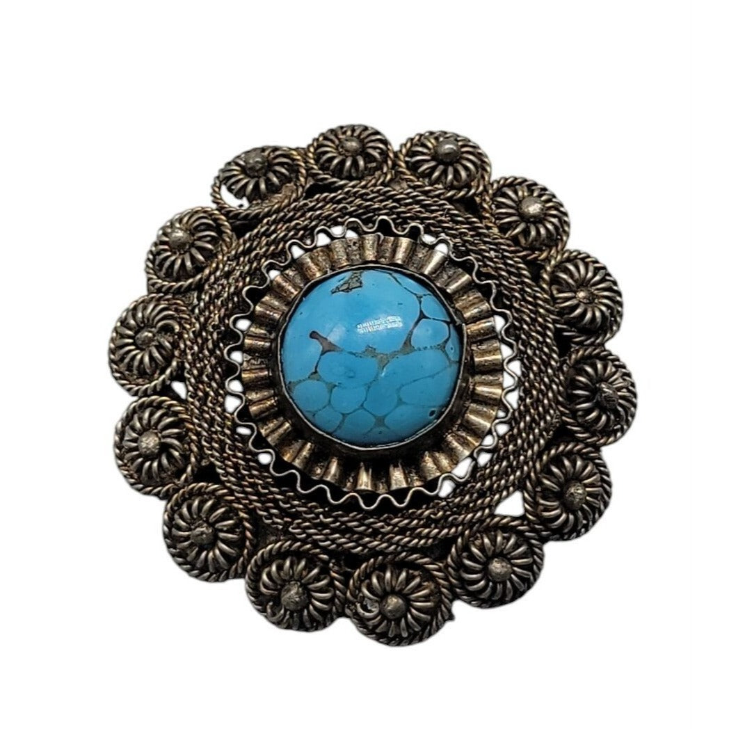 Faux Turquoise Silver Plated Brooch Pendant Blue Glass Filigree Setting Vintage
