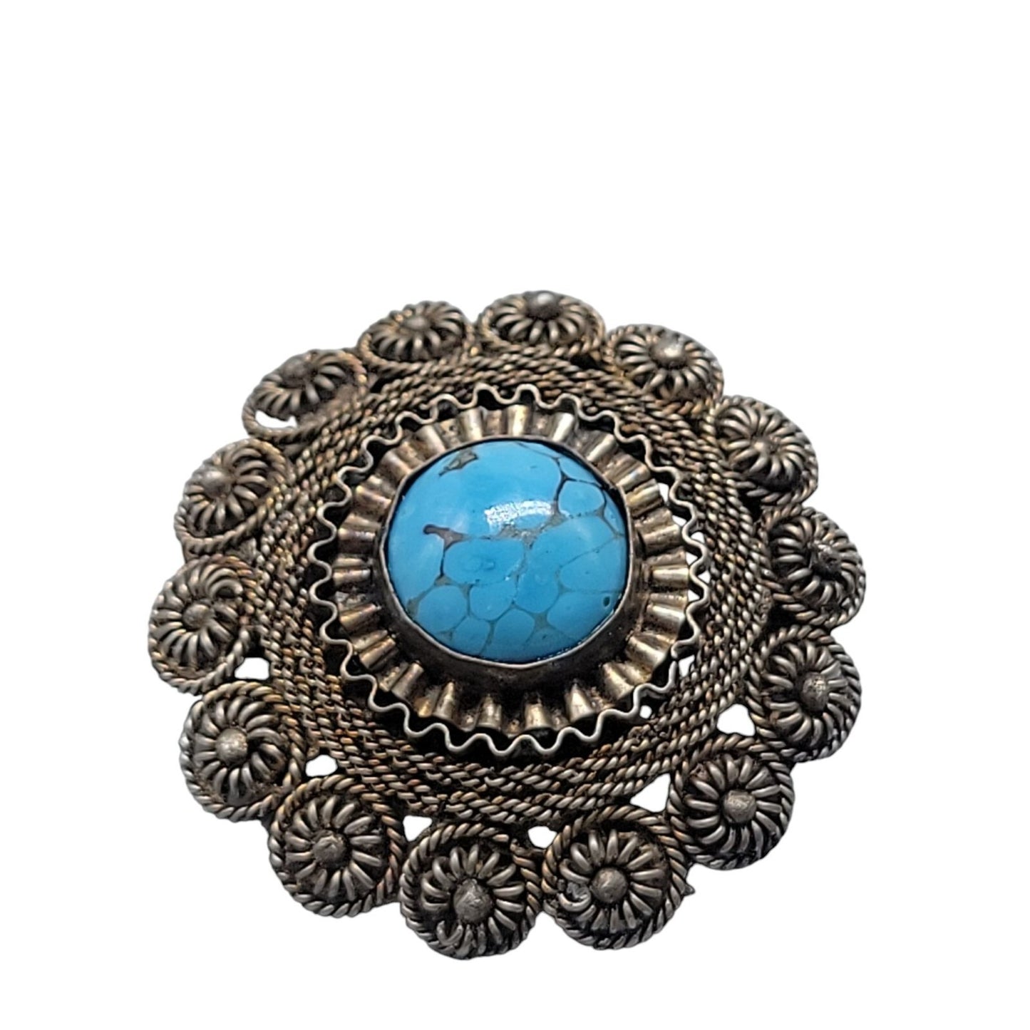 Faux Turquoise Silver Plated Brooch Pendant Blue Glass Filigree Setting Vintage