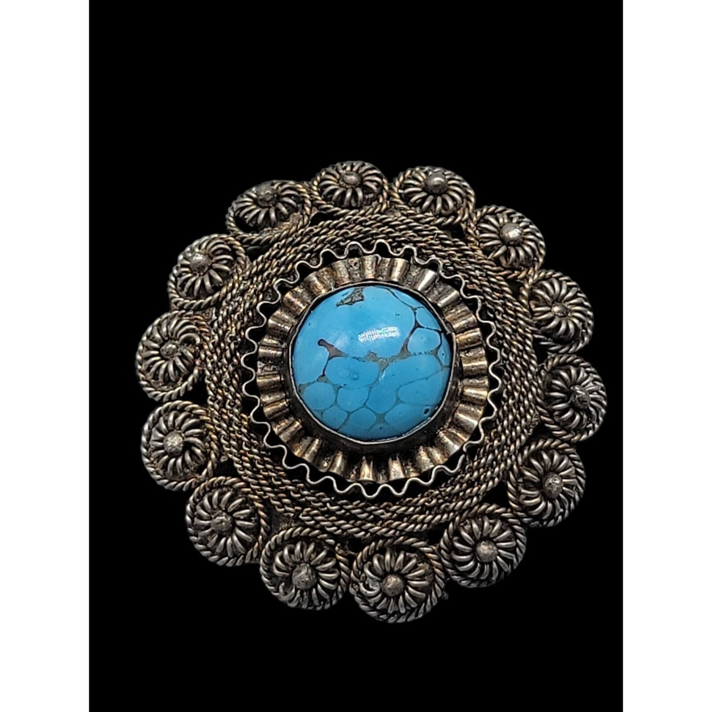 Faux Turquoise Silver Plated Brooch Pendant Blue Glass Filigree Setting Vintage