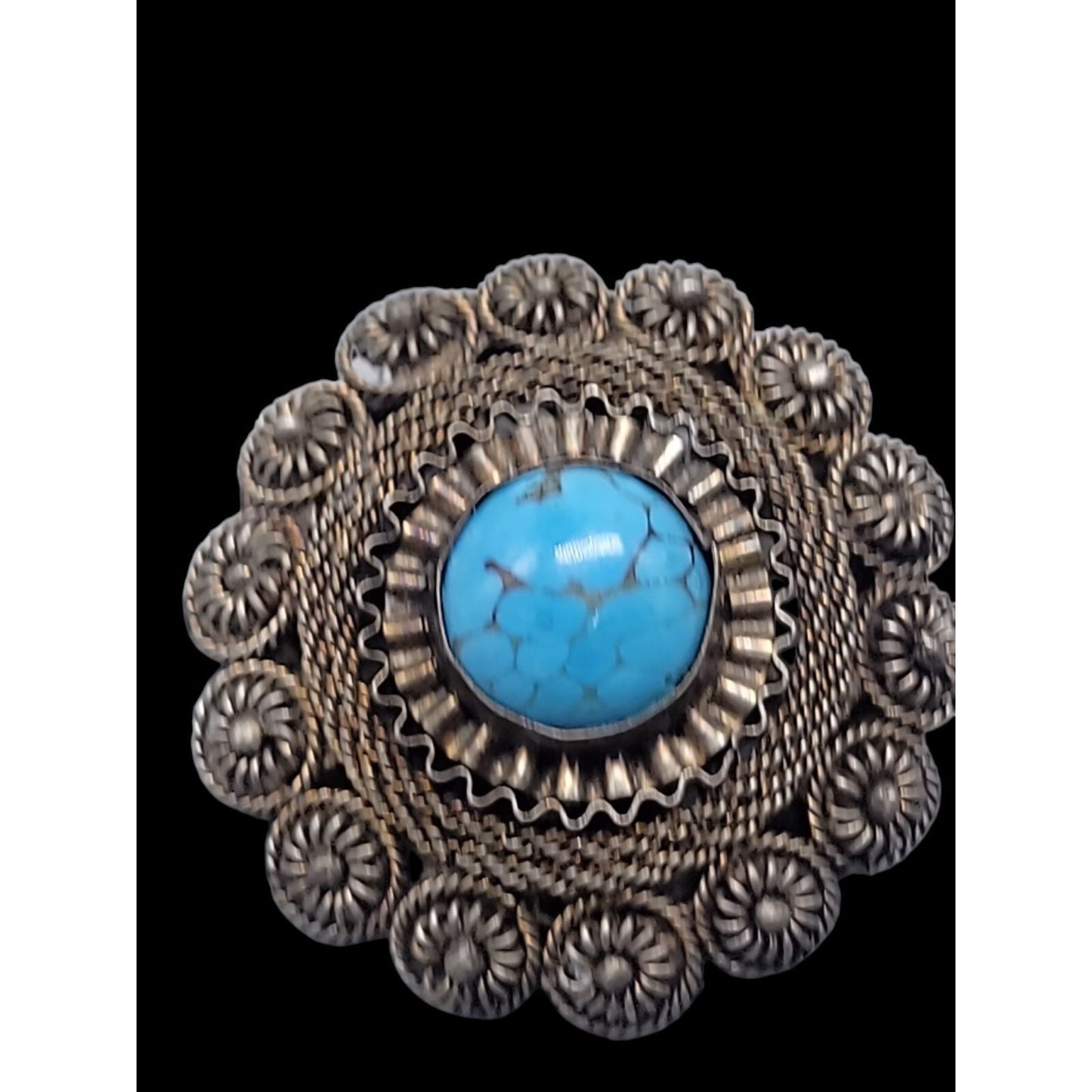 Faux Turquoise Silver Plated Brooch Pendant Blue Glass Filigree Setting Vintage