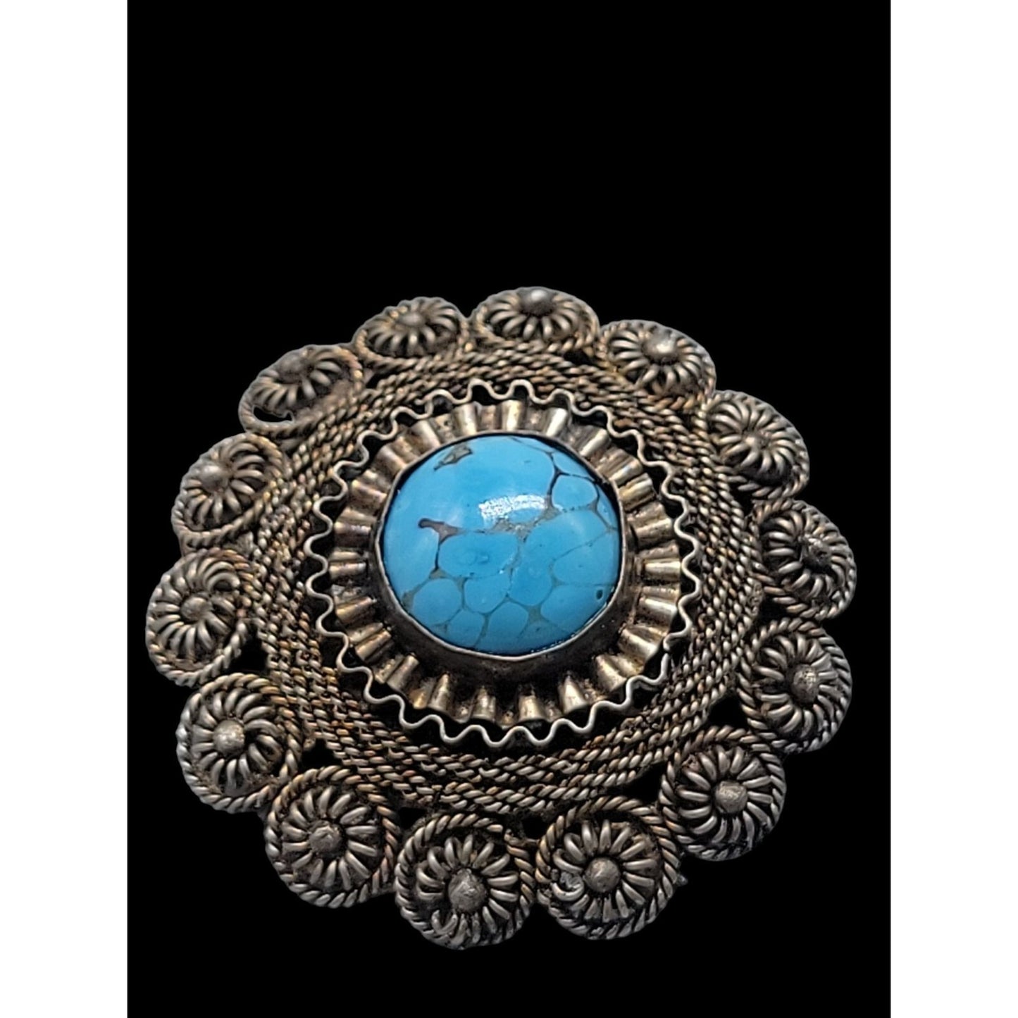 Faux Turquoise Silver Plated Brooch Pendant Blue Glass Filigree Setting Vintage