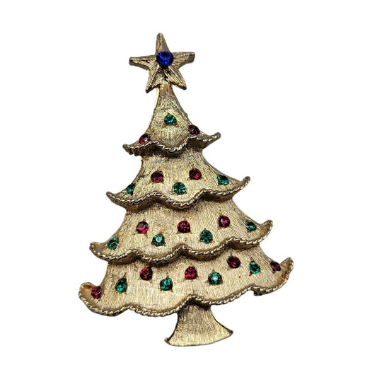 PIM Christmas Tree Brooch Colorful Multicolor Rhinestones Gold Tone Vintage