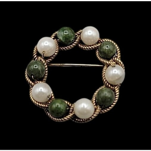 Vintage A-Z 1/20 12k Jade & Pearl Brooch Twisted Yellow Gold Filled Frame