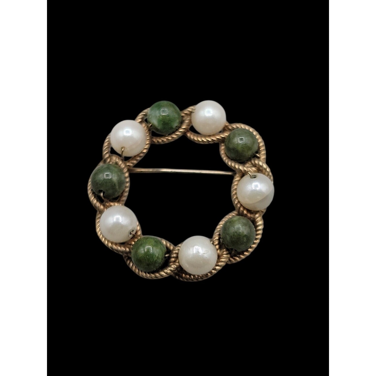 Vintage A-Z 1/20 12k Jade & Pearl Brooch Twisted Yellow Gold Filled Frame