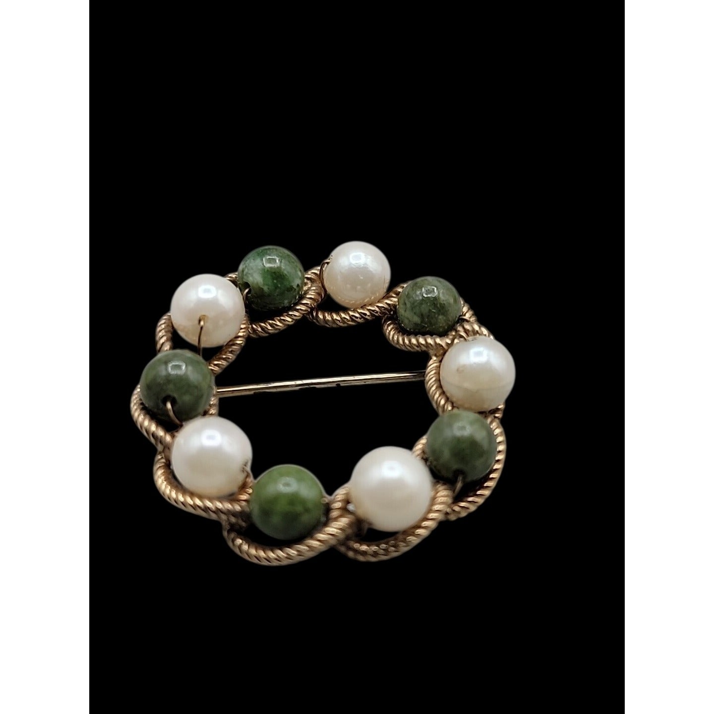 Vintage A-Z 1/20 12k Jade & Pearl Brooch Twisted Yellow Gold Filled Frame