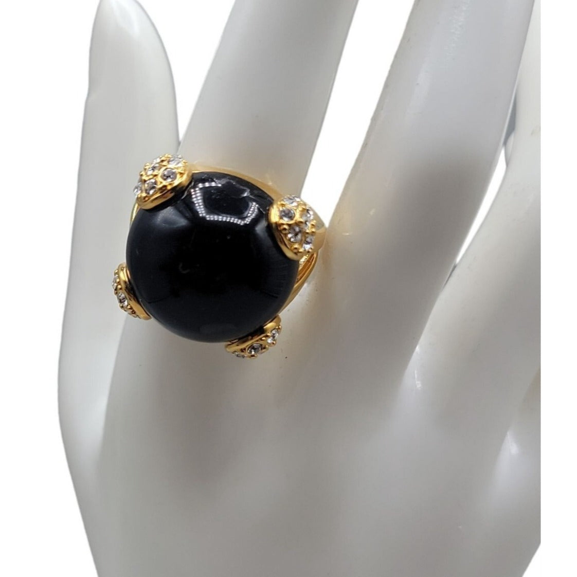 Cobalt Blue Bubble Art Glass Ring 18kgp 7.5 Signed RM Rhinestones Gold Tone