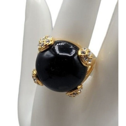 Cobalt Blue Bubble Art Glass Ring 18kgp 7.5 Signed RM Rhinestones Gold Tone