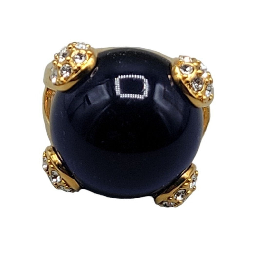Cobalt Blue Bubble Art Glass Ring 18kgp 7.5 Signed RM Rhinestones Gold Tone