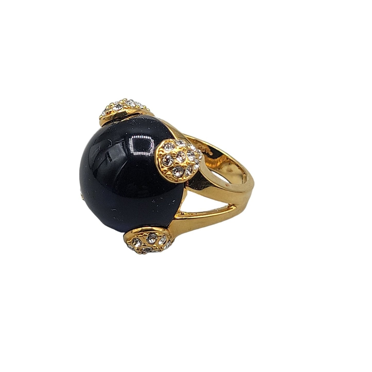 Cobalt Blue Bubble Art Glass Ring 18kgp 7.5 Signed RM Rhinestones Gold Tone