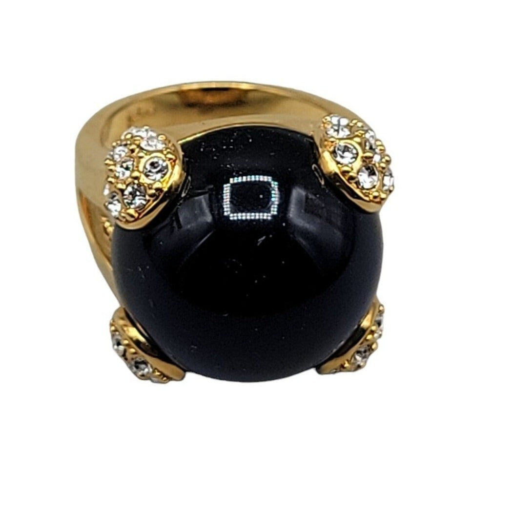 Cobalt Blue Bubble Art Glass Ring 18kgp 7.5 Signed RM Rhinestones Gold Tone
