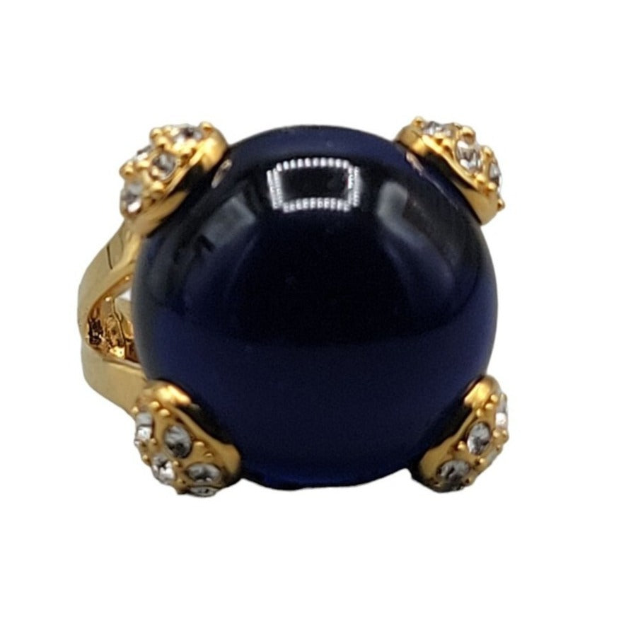 Cobalt Blue Bubble Art Glass Ring 18kgp 7.5 Signed RM Rhinestones Gold Tone