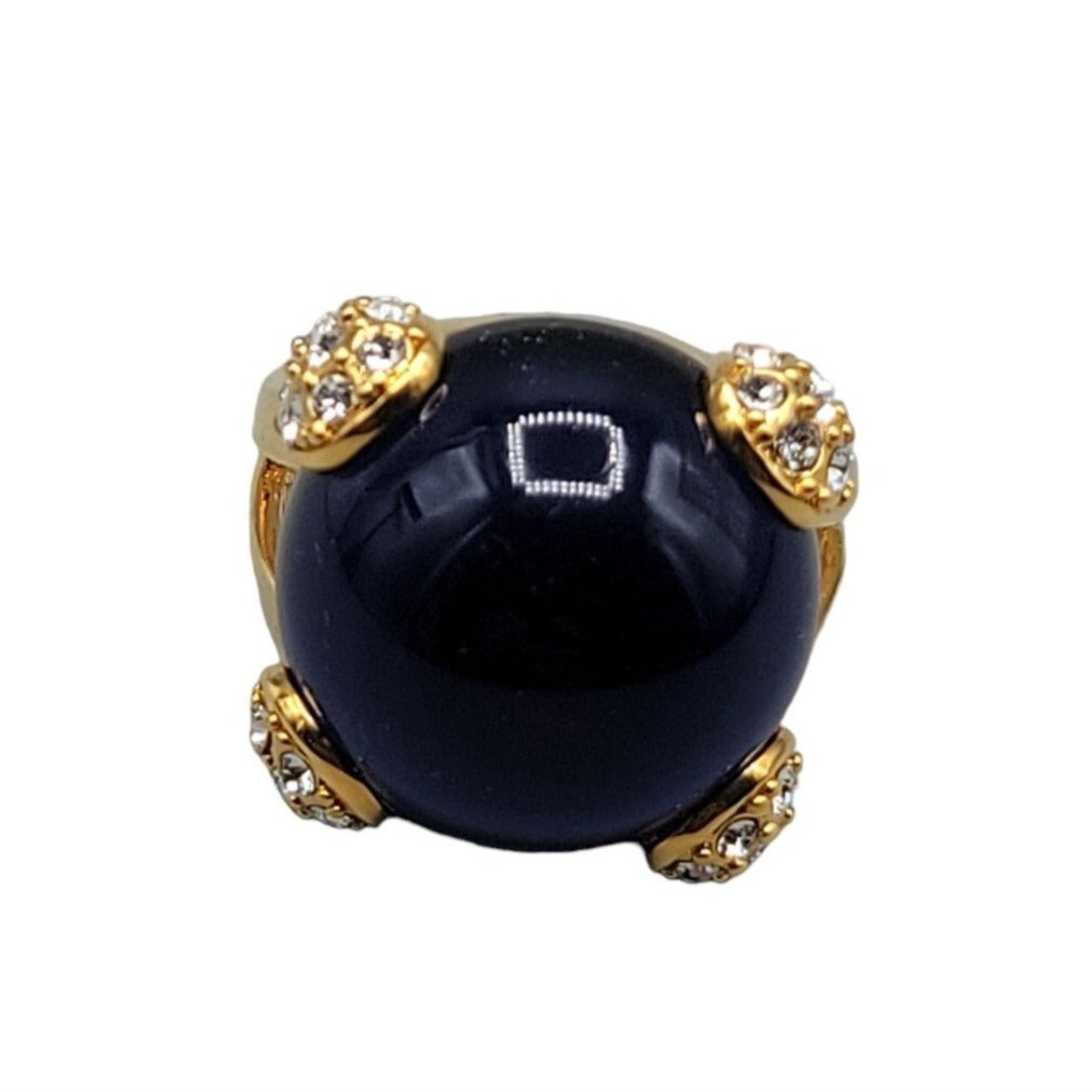 Cobalt Blue Bubble Art Glass Ring 18kgp 7.5 Signed RM Rhinestones Gold Tone