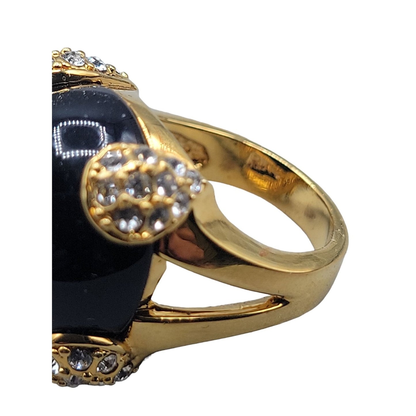 Cobalt Blue Bubble Art Glass Ring 18kgp 7.5 Signed RM Rhinestones Gold Tone