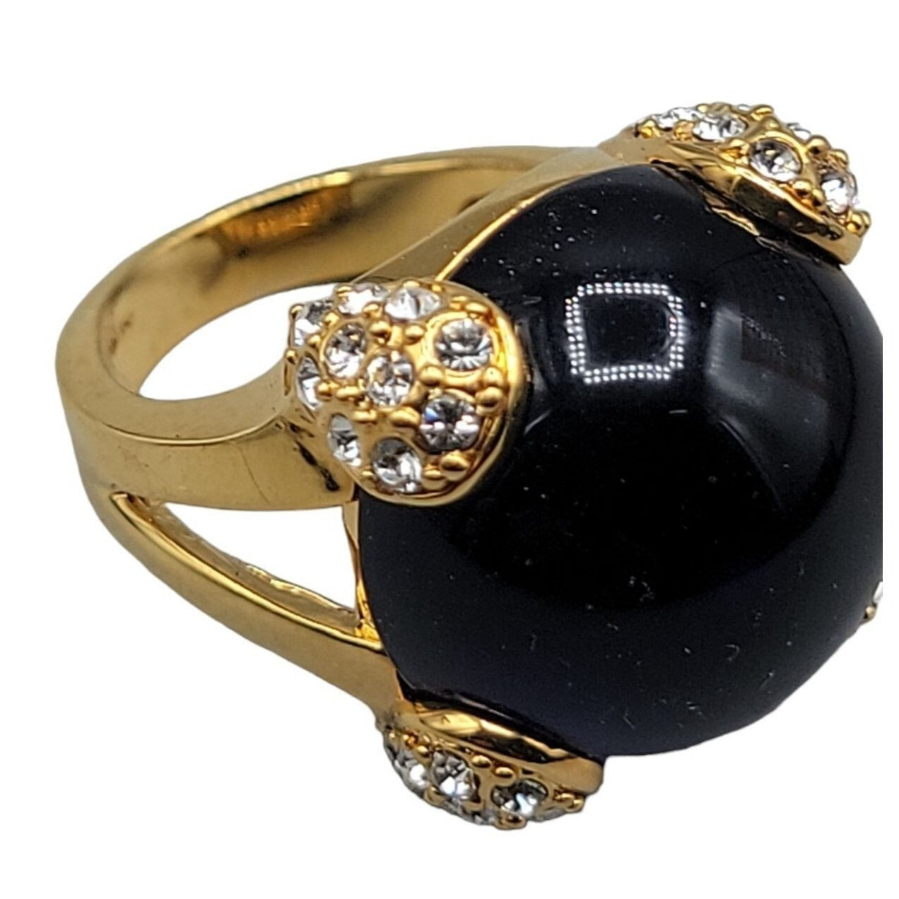 Cobalt Blue Bubble Art Glass Ring 18kgp 7.5 Signed RM Rhinestones Gold Tone