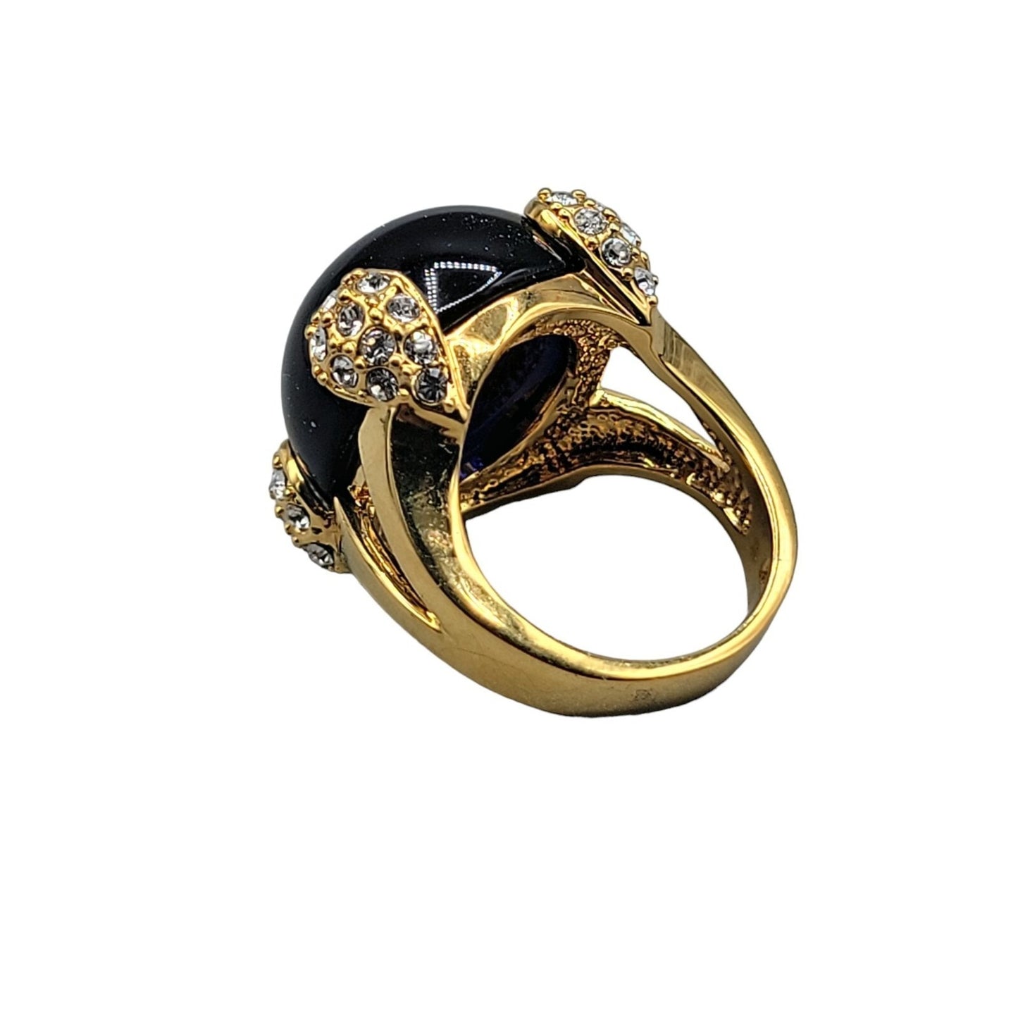 Cobalt Blue Bubble Art Glass Ring 18kgp 7.5 Signed RM Rhinestones Gold Tone