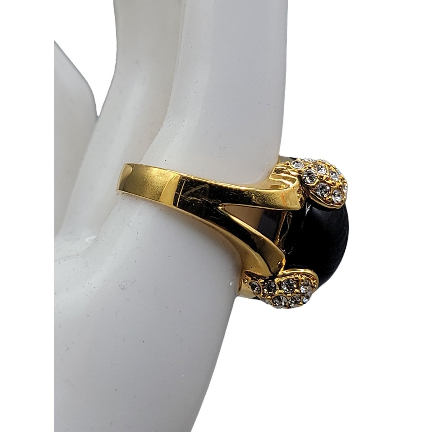 Cobalt Blue Bubble Art Glass Ring 18kgp 7.5 Signed RM Rhinestones Gold Tone