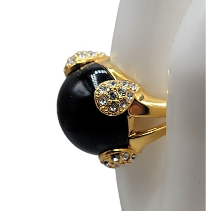 Cobalt Blue Bubble Art Glass Ring 18kgp 7.5 Signed RM Rhinestones Gold Tone
