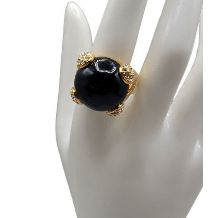 Cobalt Blue Bubble Art Glass Ring 18kgp 7.5 Signed RM Rhinestones Gold Tone