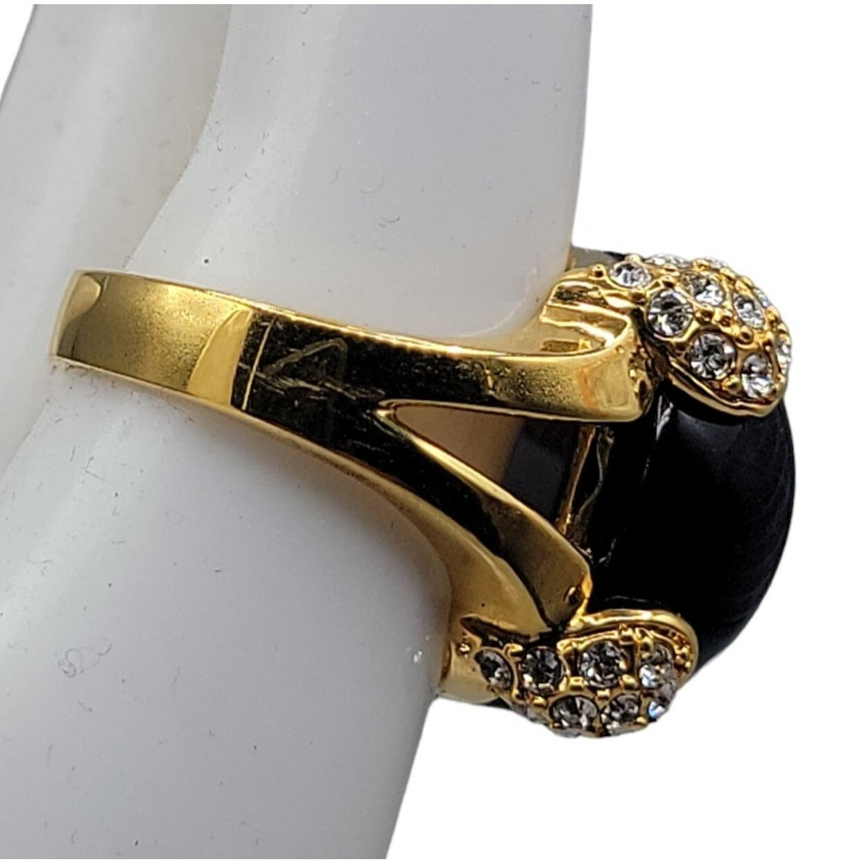 Cobalt Blue Bubble Art Glass Ring 18kgp 7.5 Signed RM Rhinestones Gold Tone
