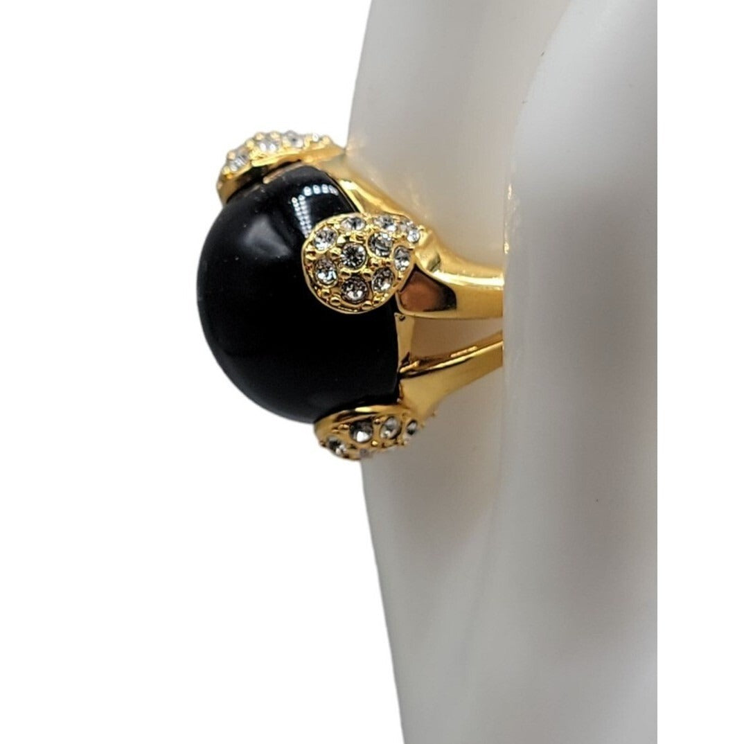 Cobalt Blue Bubble Art Glass Ring 18kgp 7.5 Signed RM Rhinestones Gold Tone
