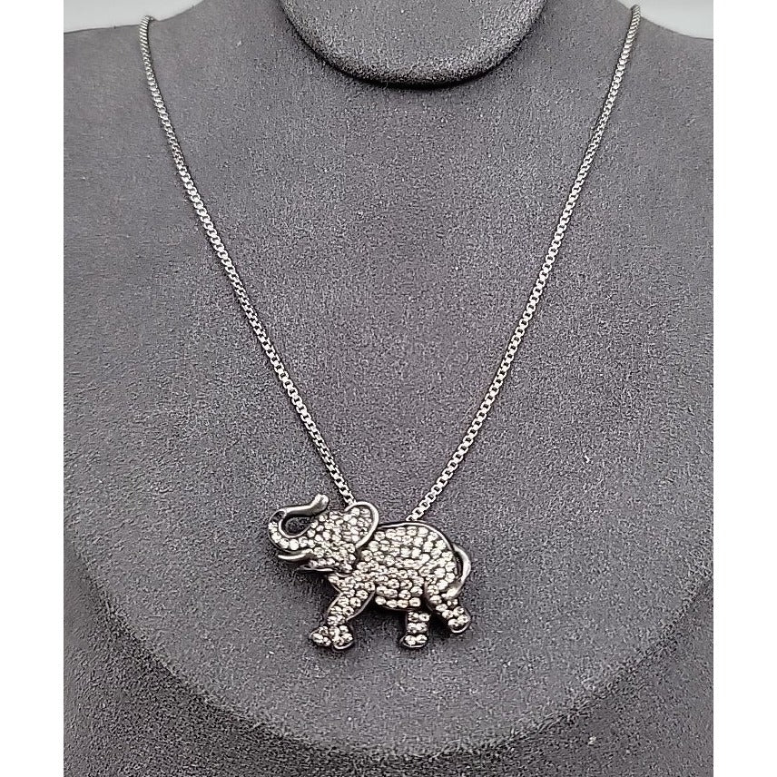 Vintage Sterling Silver AU Gray Crystal Elephant Pendant Necklace 18" 925 Chain