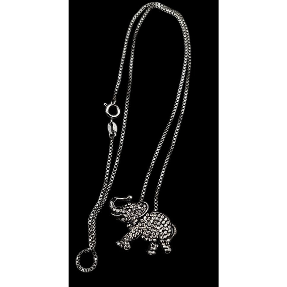 Vintage Sterling Silver AU Gray Crystal Elephant Pendant Necklace 18" 925 Chain