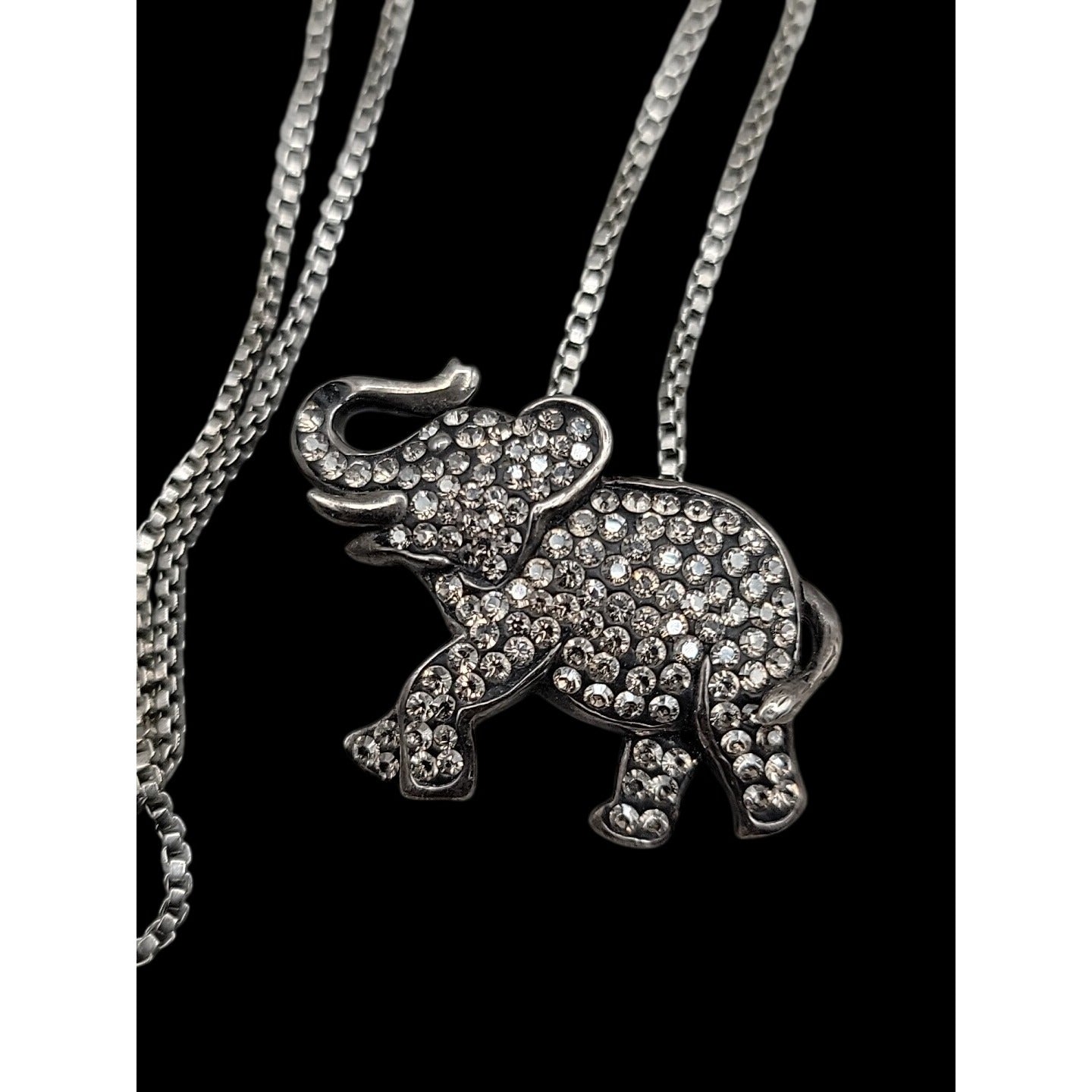 Vintage Sterling Silver AU Gray Crystal Elephant Pendant Necklace 18" 925 Chain