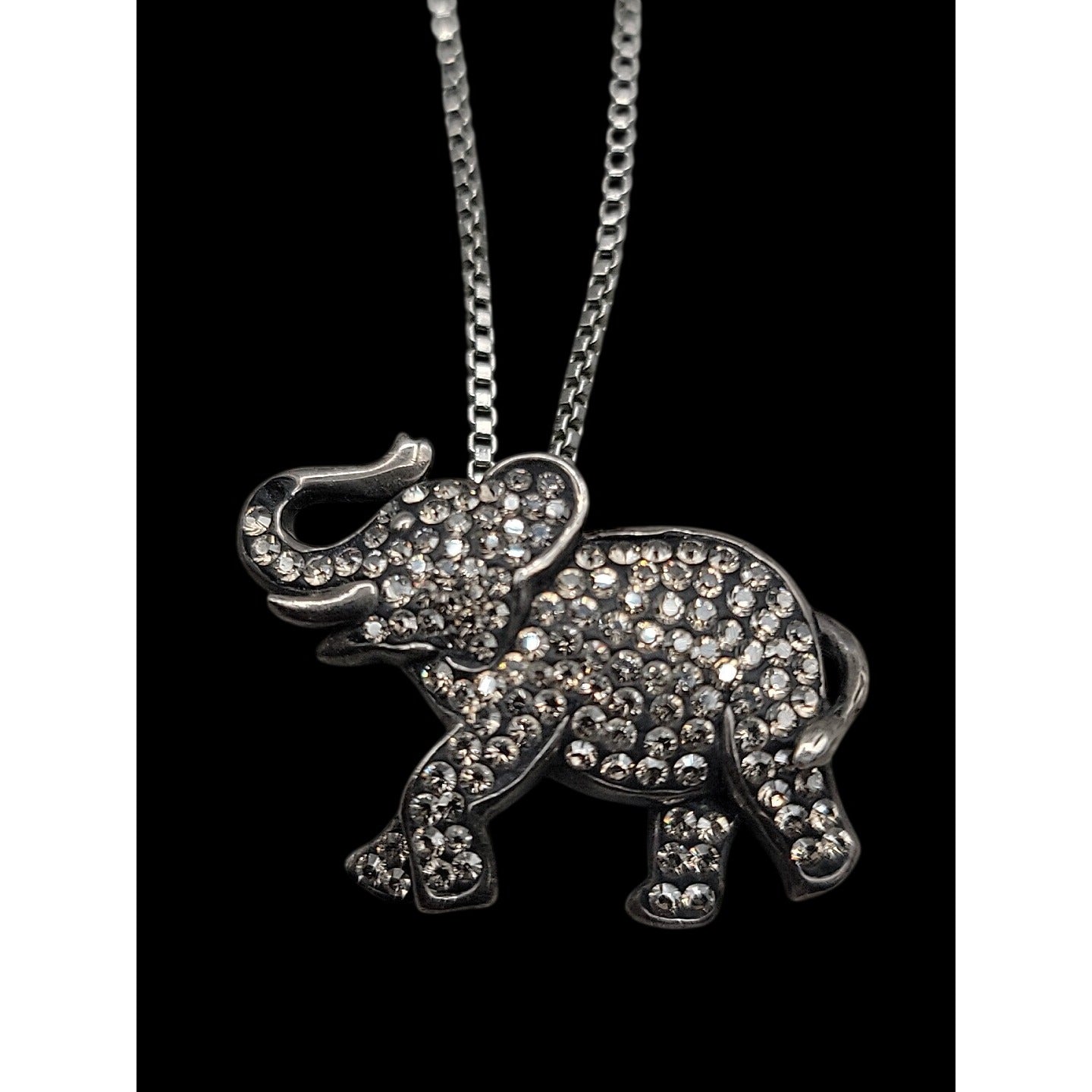 Vintage Sterling Silver AU Gray Crystal Elephant Pendant Necklace 18" 925 Chain