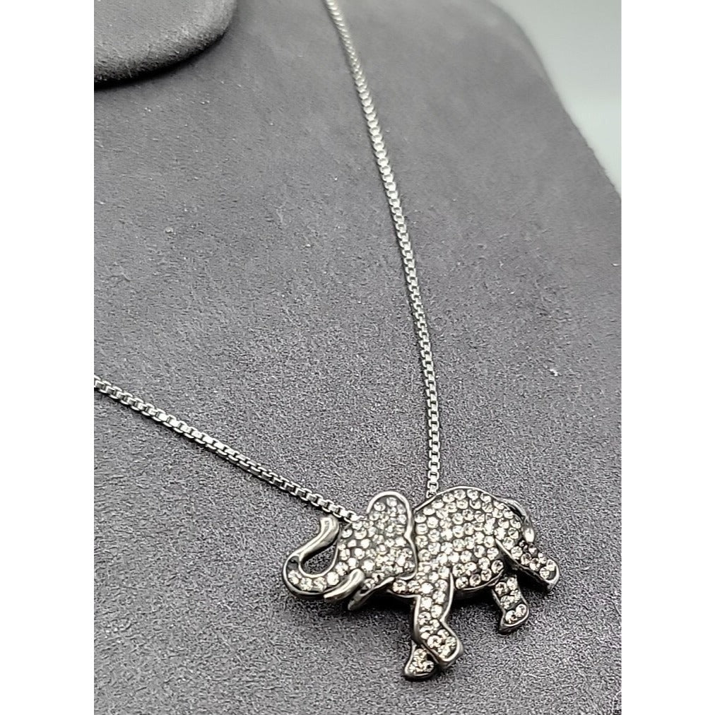 Vintage Sterling Silver AU Gray Crystal Elephant Pendant Necklace 18" 925 Chain