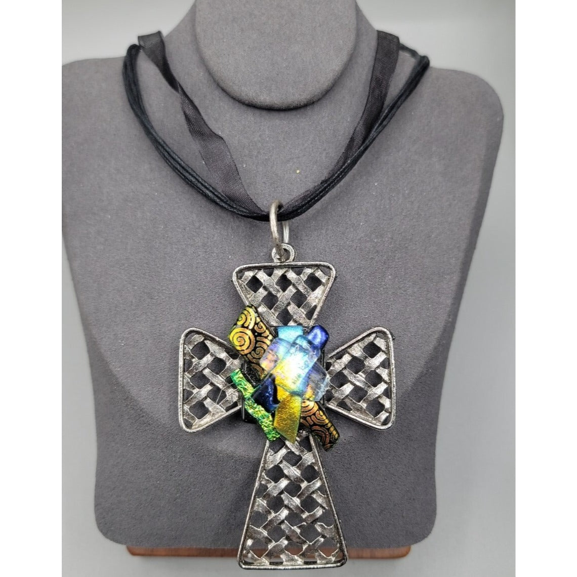Artisan Dichroic Fused Glass Brutalist Large Cross Necklace 18" Silk Ribbon