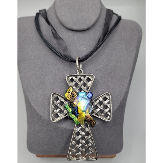 Artisan Dichroic Fused Glass Brutalist Large Cross Necklace 18" Silk Ribbon