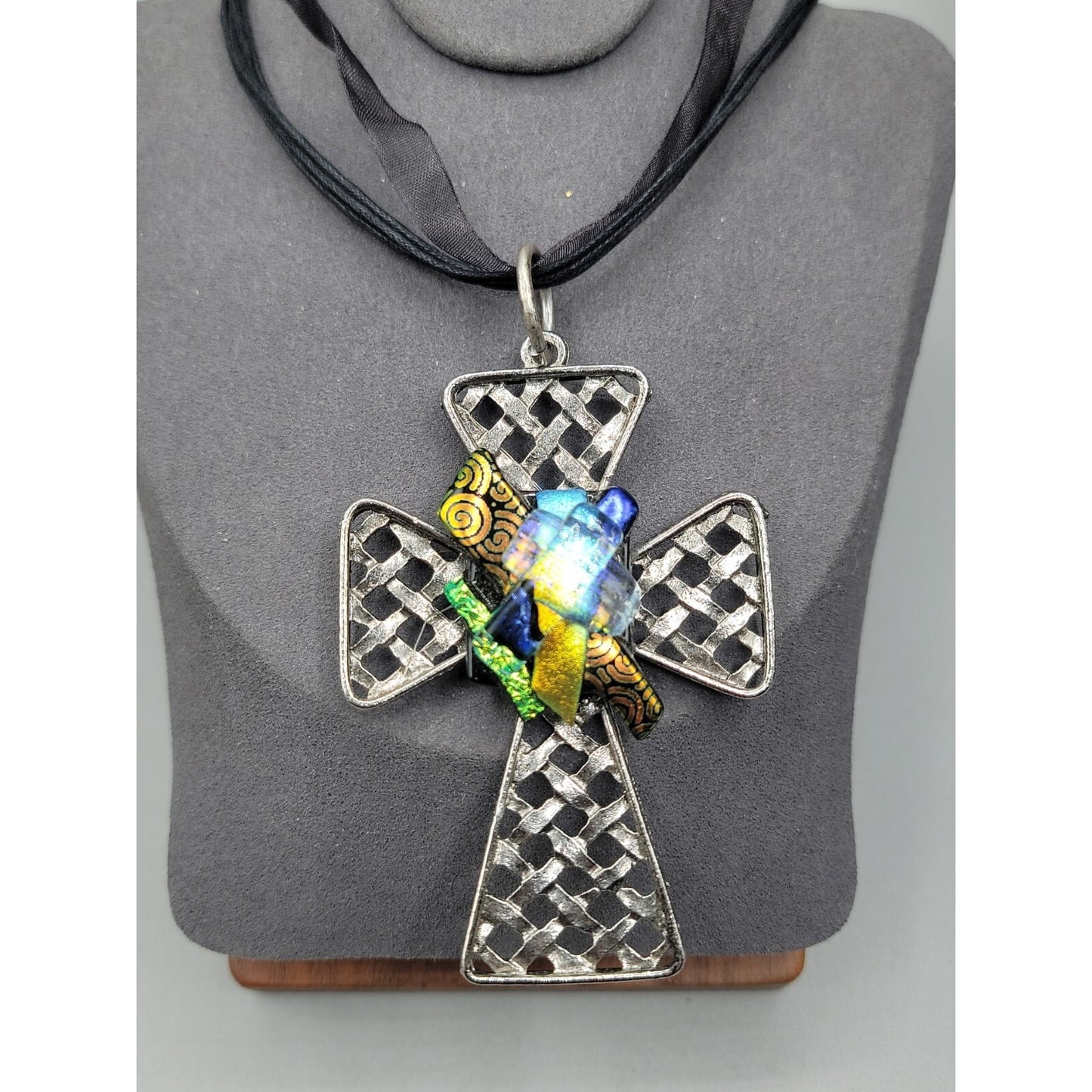 Artisan Dichroic Fused Glass Brutalist Large Cross Necklace 18" Silk Ribbon