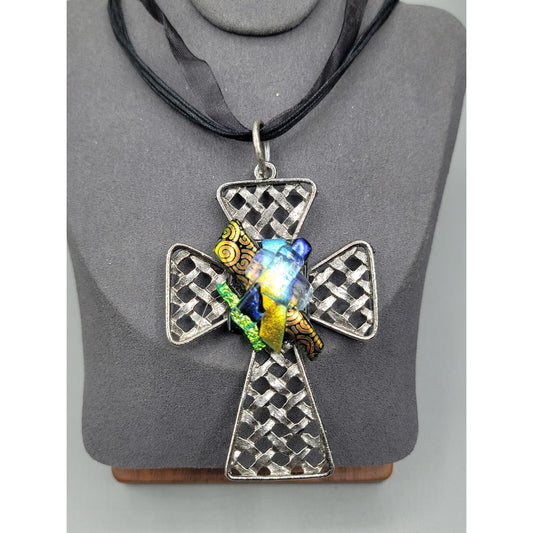 Artisan Dichroic Fused Glass Brutalist Large Cross Necklace 18" Silk Ribbon
